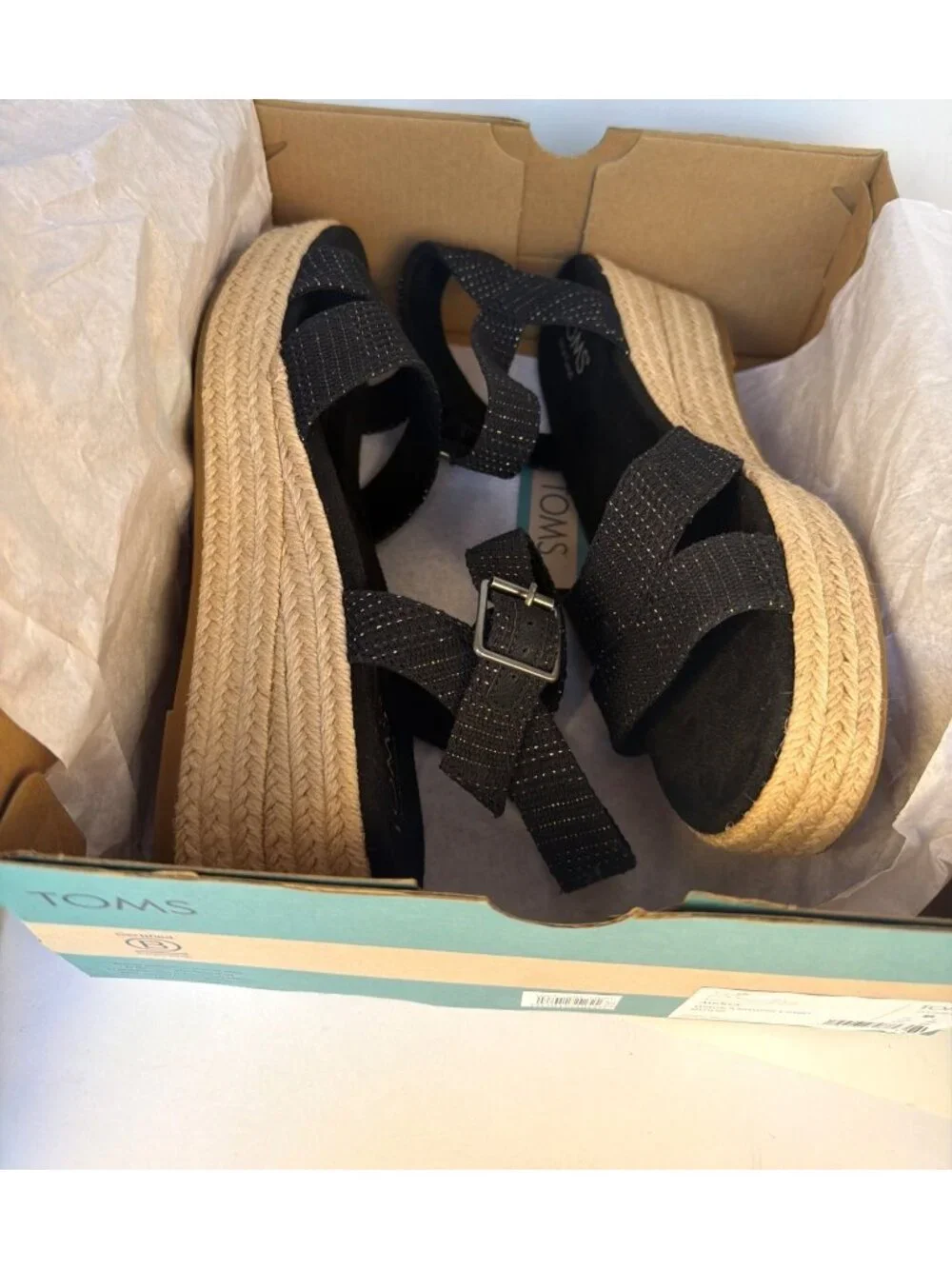 Toms Audrey Espadrilles Ankle Strap Black Metallic Wedges Women Size 9